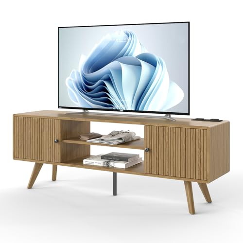 Modernes TV-Lowboard aus Holz, Sideboard mit Lamellen-Design, 2 Türen und 2 offene Fächer, Skandinavischer Stil (Eiche, 140 * 35 * 50CM) von Manora