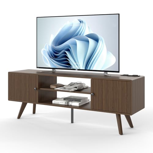 Modernes TV-Lowboard aus Holz, Sideboard mit Lamellen-Design, 2 Türen und 2 offene Fächer, Skandinavischer Stil (Nussbaum, 140 * 35 * 50CM) von Manora
