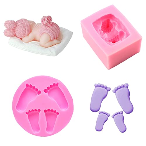 2 Stück 3D Baby Silikonformen, Baby Fußabdruck Silikonform, Schlafendes Baby Fondant Form, 3D Baby Silikon Kuchen Rosa Silikonform, Schlafende Baby Form DIY Silikonform für Kuchen, Schokolade Dessert von Manqyi