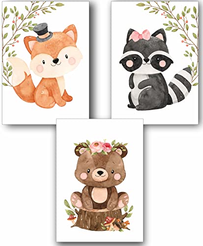 Manschin-Laserdesign 3er Set Wandbilder Kinderzimmer Poster | Din A3 & Din A4 | Babyzimmer Deko Mädchen Jungen Bilder Dekoration Aquarell Waldtiere skandinavisch (Din A3, P1007) von Manschin-Laserdesign