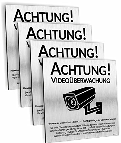 Achtung Videoüberwachung Schild DSGVO UV Druck 12 x 12cm - 3mm Aluverbund - Made in Germany - Art.Nr. 2143 (4-er) von Manschin-Laserdesign