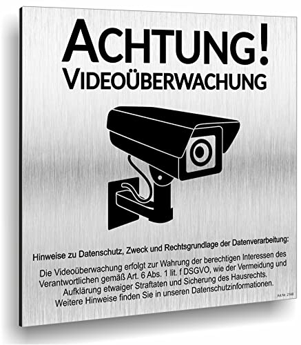 Achtung Videoüberwachung Schild DSGVO UV Druck 12 x 12cm - 3mm Aluverbund - Made in Germany - Art.Nr. 2146 von Manschin-Laserdesign