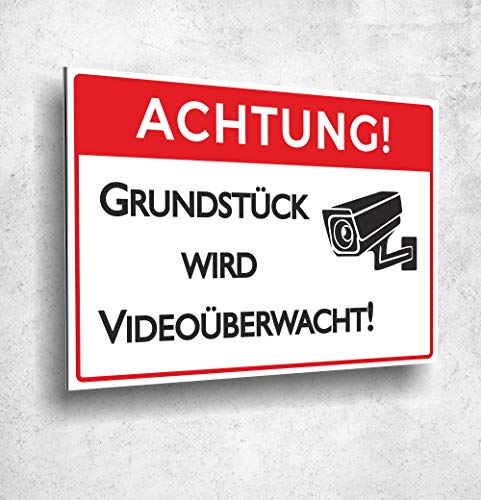 Aluverbund Schild Achtung Grundstück wird Videoüberwacht UV Druck 20 x 30cm - 3mm Aluverbund - Made in Germany - Art.Nr. 1026 von Manschin-Laserdesign
