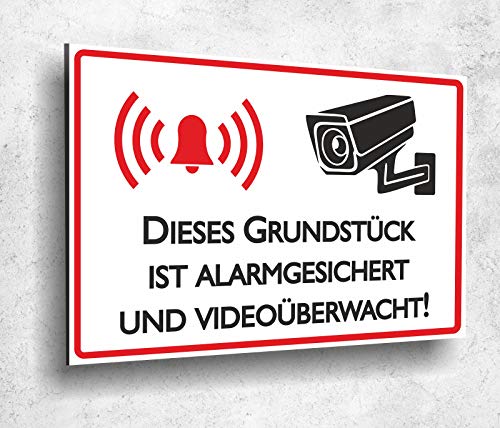Aluverbund Schild Grundstück alarmgesichert und videoüberwacht UV Druck 20 x 30cm - 3mm Aluverbund - Made in Germany - Art.Nr. 1028 von Manschin-Laserdesign