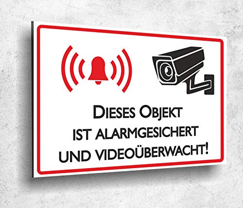 Aluverbund Schild Objekt Alarmgesichert und Videoüberwacht UV Druck 20 x 30cm - 3mm Aluverbund - Made in Germany - Art.Nr. 1027 von Manschin-Laserdesign