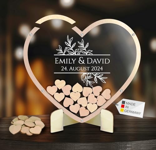 Gästebuch aus Holz und Acrylglas transparent zur Hochzeit, personalisiert, Wunschgravur, inkl. Herzen von Manschin Laserdesign