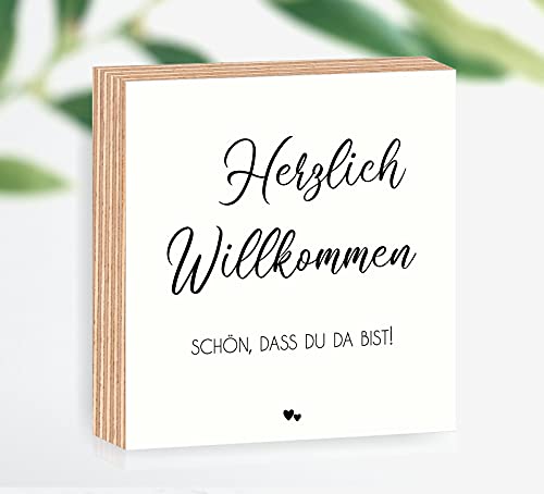 Holzbild Herzlich Willkommen schön, dass du da bist 15x15x2cm zum Hinstellen/Aufhängen 3D, echter Fotodirektdruck mit Spruch auf beschichtetes Birkenholz Art.Nr. 3004 von Manschin-Laserdesign