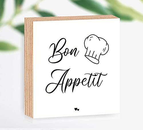 Holzbild Küche Bon Appetit 15x15x2cm zum Hinstellen/Aufhängen 3D, echter Fotodirektdruck mit Spruch auf beschichtetes Birkenholz das perfekte Geschenk für die liebsten Menschen von Manschin-Laserdesign