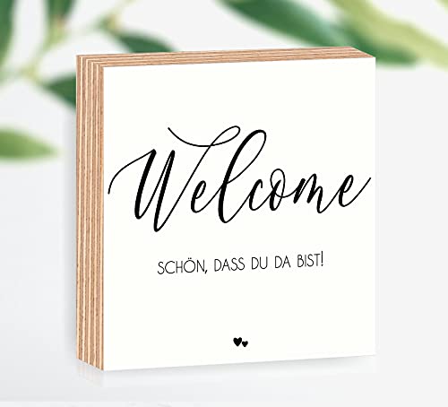 Holzbild welcome schön, dass du da bist 15x15x2cm zum Hinstellen/Aufhängen 3D, echter Fotodirektdruck mit Spruch auf beschichtetes Birkenholz perfektes Geschenk für die liebsten Menschen Art.Nr. 3025 von Manschin-Laserdesign