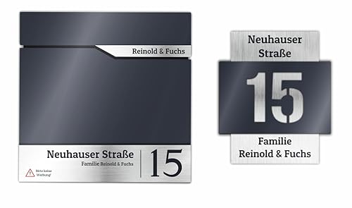 Manschin-Laserdesign Briefkasten und Hausnummer Set in Anthrazit RAL 7016 mit Zeitungsfach, individuell personalisierbar auf Edelstahl V2A und Aluverbund Namensschild, Wetterfest, Robust Manschin-Laserdesign Briefkasten und Hausnummer Set in Anthrazit RAL 7016 mit Zeitungsfach, individuell personalisierbar auf Edelstahl V2A und Aluverbund Namensschild, Wetterfest, Robust von Manschin-Laserdesign