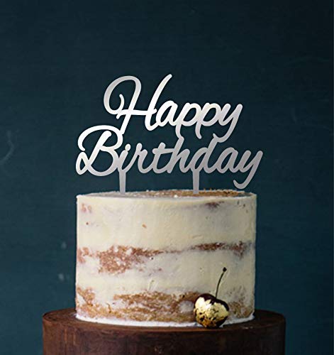 Manschin-Laserdesign Cake Topper, Tortenstecker Acryl/Holz Happy Birthday Geburtstag Topper Einstecker, Stecker, Torte, Kuchen (Spiegel Silber (Einseitig)) Art.Nr. 5103 von Manschin-Laserdesign