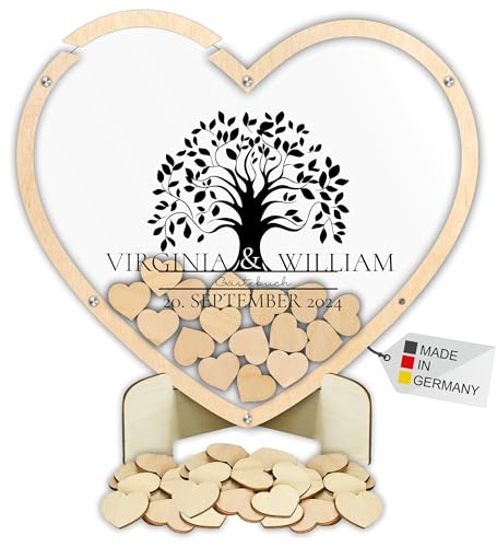 Manschin-Laserdesign Gästebuch Drop in aus Holz und Acrylglas zur Hochzeit, personalisiert, Wunschgravur, Wunschfarbe inkl. Herzen (Hintergrund Farbe Weiß) von Manschin-Laserdesign