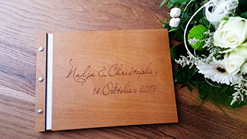 Manschin Laserdesign Gästebuch aus Holz zur Hochzeit, Geburstag, Jubiläum personalisiert Hochzeitsbuch Hochzeitsgästebuch graviert Individuell Wunschlogo Wunschnamen Wunschdatum (40 Blätter) von Manschin Laserdesign