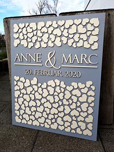 Manschin Laserdesign Personalisiertes 3D Gästebuch Hochkant aus echtem Holz Gästebuch Alternative (Grau, 158 Herzen ca. 60x74cm) von Manschin Laserdesign
