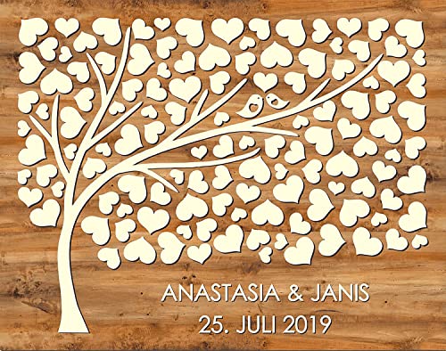 Manschin Laserdesign Personalisiertes 3D Gästebuch aus echtem Holz - Baum - Gästebuch Alternative - (Hintergrundfarbe Nussbaum Hell, 125 Herzen (75x60cm)) von Manschin Laserdesign