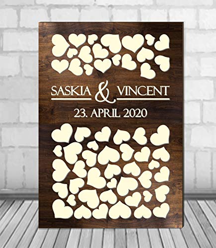 Manschin Laserdesign Personalisiertes 3D Gästebuch mit 40-160 Herzen | aus echtem Holz | Gästebuch Alternative - (Hintergrundfarbe Eiche Dunkel) von Manschin Laserdesign