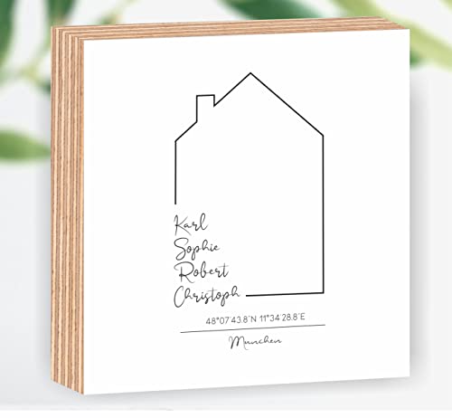 Manschin-Laserdesign Personalisiertes Holzbild Familien Haus Poster - Geschenk zum Einzug 15x15x2cm zum Hinstellen/Aufhängen, Fotodirektdruck auf beschichtetes Birkenholz (Variante #4) von Manschin-Laserdesign