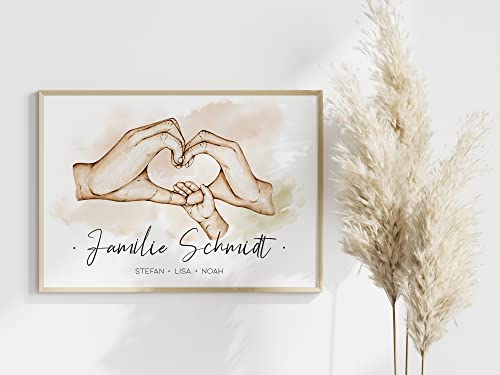 Manschin-Laserdesign Poster Familie Hände personalisiert mit Namen in A4 A3 A2 als Geschenk für Mama zur Geburt Muttertag Familienbild (1 Kind) von Manschin-Laserdesign