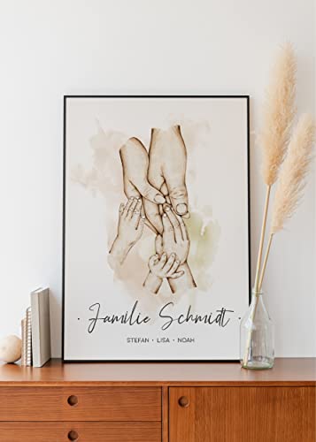 Manschin-Laserdesign Poster Familie Hände personalisiert mit Namen in A4 A3 A2 als Geschenk für Mama zur Geburt Muttertag Familienbild (3 Kinder) von Manschin-Laserdesign