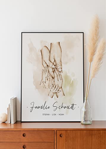 Manschin-Laserdesign Poster Familie Hände personalisiert mit Namen in A4 A3 A2 als Geschenk für Mama zur Geburt Muttertag Familienbild (4 Kinder) von Manschin-Laserdesign