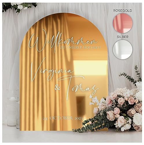 Manschin-Laserdesign Willkommensschild Acrylglas Spiegel personalisiert in veschiedenen Farben - Made in Germany - Welcome Willkommen Schild für Hochzeit (30x45cm, Gold) von Manschin-Laserdesign