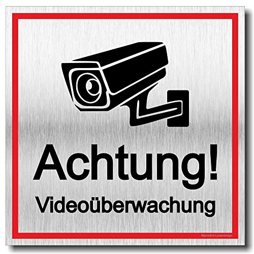 Schild Achtung Videoüberwachung UV Druck 12 x 12cm - 3mm Aluverbund - Made in Germany - Art.Nr. 2133 von Manschin-Laserdesign