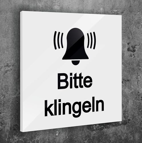 Türschild Bitte klingeln Weiß Matt Selbstklebend UV Druck 12 x 12cm - 3mm Aluverbund - Made in Germany Art.Nr. W 2052 von Manschin Laserdesign