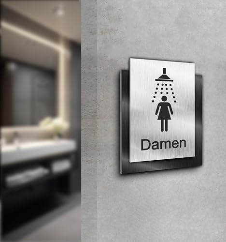 Türschild | Dusche Damen | Silber und Anthrazit gebürstet | Edle Ausführung | Selbstklebend | UV Druck 20 x 15cm - 6mm Aluverbund - Made in Germany Art.Nr. E 2022 von Manschin Laserdesign