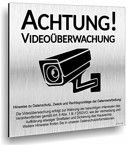 Achtung Videoüberwachung Schild DSGVO UV Druck 12 x 12cm - 3mm Aluverbund - Made in Germany - Art.Nr. 2143 von Manschin-Laserdesign