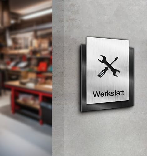 Türschild| Werkstatt | Silber und Anthrazit gebürstet | Edle Ausführung | Selbstklebend | UV Druck 20 x 15cm - 6mm Aluverbund - Made in Germany Art.Nr. AS 2081 von Manschin Laserdesign