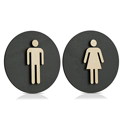 WC Schild Anthrazit Holz Toilettenschild Toilette Türschild Damen Herren (Damen Herren, Ø 24cm) von Manschin-Laserdesign