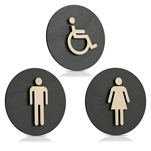 WC Schild Anthrazit Holz Toilettenschild Toilette Türschild Damen Herren (Damen Herren Behinderten, Ø 18cm) von Manschin-Laserdesign