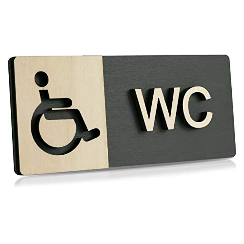 WC Schild Echtholz Anthrazit Holz Edel Piktogramme Toilette Toilettenschilder Türschild Damen Herren (Behinderten WC) von Manschin-Laserdesign