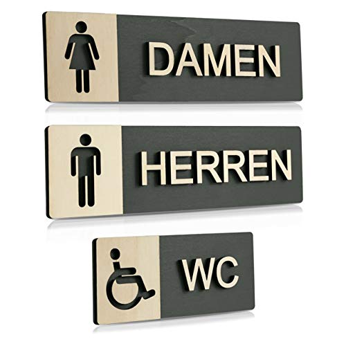 WC Schild Echtholz Anthrazit Holz Edel Piktogramme Toilette Toilettenschilder Türschild Damen Herren (Komplettset (Damen-Herren-Behinderten WC)) von Manschin-Laserdesign