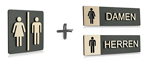 WC Schild Echtholz Anthrazit Holz Edel Piktogramme Toilette Toilettenschilder Türschild Damen Herren (Set 1) von Manschin-Laserdesign