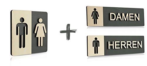 WC Schild Echtholz Anthrazit Holz Edel Piktogramme Toilette Toilettenschilder Türschild Damen Herren (Set 2) von Manschin-Laserdesign