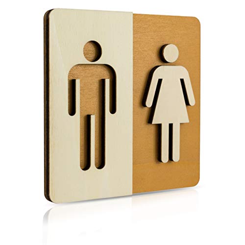 WC Schild Holz Toilettenschild Toilette Türschild Damen Herren Piktogramm Art.Nr. 4007 (Nussbaum Hell 14x14cm) von Manschin Laserdesign