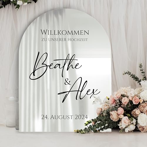 Willkommensschild Acrylglas Spiegel personalisiert in veschiedenen Farben - Made in Germany - Welcome Willkommen Schild für Hochzeit (90x60, Silber) von Manschin-Laserdesign