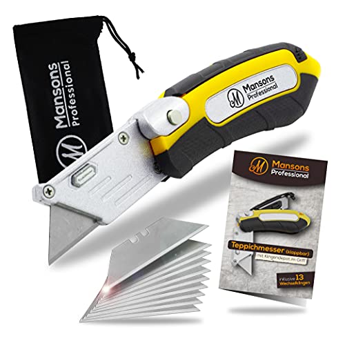 Mansons Profi Klapp-Cuttermesser – Faltbar, Metall, Inklusiv 13 Ersatzklingen, mit Gürtelclip für Karton und Tapeten Mansons Profi Klapp-Cuttermesser – Faltbar, Metall, Inklusiv 13 Ersatzklingen, mit Gürtelclip für Karton und Tapeten von Mansons