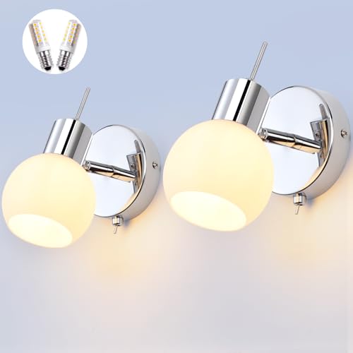 MantoLite 2Pcs Glas Wandleuchte Badezimmer Lampe Nachttisch Leseleuchte Spiegelleuchten Innenbeleuchtung Fixture Für Wohnzimmer Flurtreppen Chrom Wandlampen Mit Schalter(5W E14 LED Birnen Inbegriffen) von MantoLite