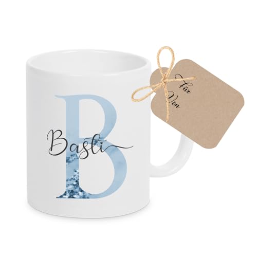 Kaffee-Tasse mit Buchstabe, personalisiert mit Wunschname, Persönliches Geschenk, Keramiktasse (Blau) von Manufaktur Liebevoll