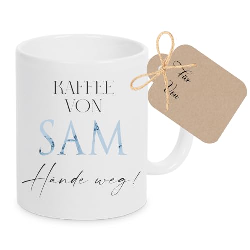 Kaffee-Tasse mit Buchstabe, personalisiert mit Wunschname, Persönliches Geschenk, Keramiktasse (Blau: Hände weg) von Manufaktur Liebevoll
