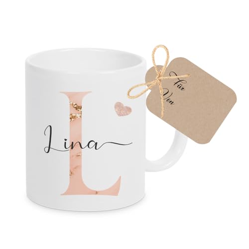 Kaffee-Tasse mit Buchstabe, personalisiert mit Wunschname, Persönliches Geschenk, Keramiktasse (Rosa) von Manufaktur Liebevoll