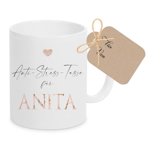 Kaffee-Tasse mit Buchstabe, personalisiert mit Wunschname, Persönliches Geschenk, Keramiktasse (Rosa: Anti Stress) von Manufaktur Liebevoll