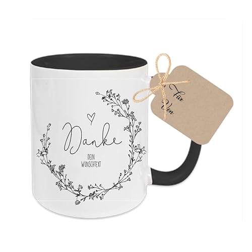 Manufaktur Liebevoll Dankeschön Tasse I beidseitig personalisierbar I Keramiktasse in schwarz weiß mit Blumenornament I Geschenkidee als Dankeschön I mit Geschenkanhänger (Motiv Danke) von Manufaktur Liebevoll