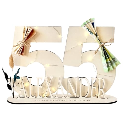 Manufaktur Liebevoll 55 Geburtstag Geschenk Frauen & Männer Geldgeschenke 55 Geburtstag mit LED Lichterkette I Gästebuch Holz 55 Geburtstag Deko I Personalisierte Geburtstagsgeschenke (55) von Manufaktur Liebevoll