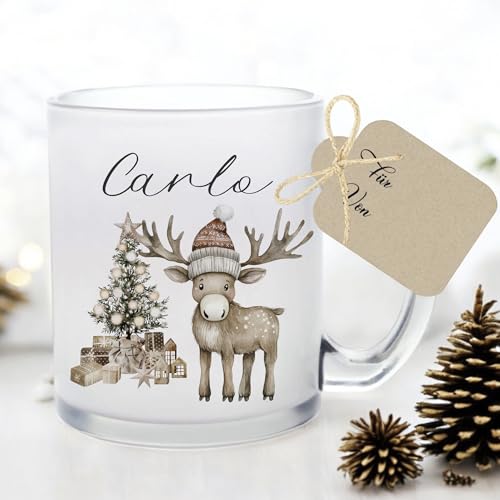 Manufaktur Liebevoll I Tasse Weihnachten Glastasse Glühweintasse mit Namen Weihnachtstasse personalisiert Tasse Nikolaus Weihnachtsgeschenke Kinder Glühwein Frauen Männer Mädchen Junge Elch (Carlo) von Manufaktur Liebevoll