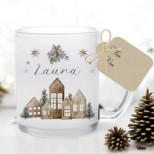Manufaktur Liebevoll I Tasse Weihnachten Glastasse Glühweintasse mit Namen Weihnachtstasse personalisiert Tasse Nikolaus Weihnachtsgeschenke Kinder Glühwein Tasse boho vintage Frauen Männer (Laura) von Manufaktur Liebevoll
