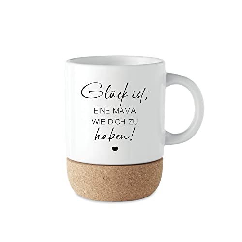 Manufaktur Liebevoll I Mama Geschenk Tasse Kaffeetasse Keramiktasse mit Kork Boden & Deckel Spruch Tasse Mama | Kaffeebecher Geburtstag Muttertag Danke Geschenk Weihnachten (Glück Mama) von Manufaktur Liebevoll