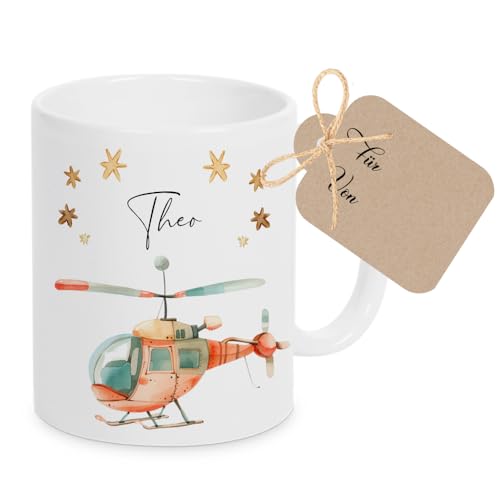 Manufaktur Liebevoll Tasse mit Namen Kinder Kindertasse mit Namen Becher Keramik Mädchen Junge Namenstasse Hubschrauber Rettungsschrauber Geschenk von Manufaktur Liebevoll
